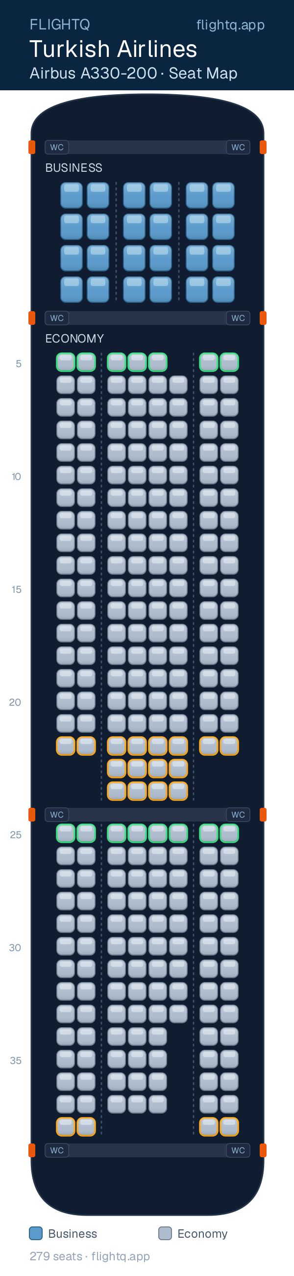Turkish Airlines Airbus A330-200 seat map with 279 seats across 2 cabins — best seats and rows to avoid