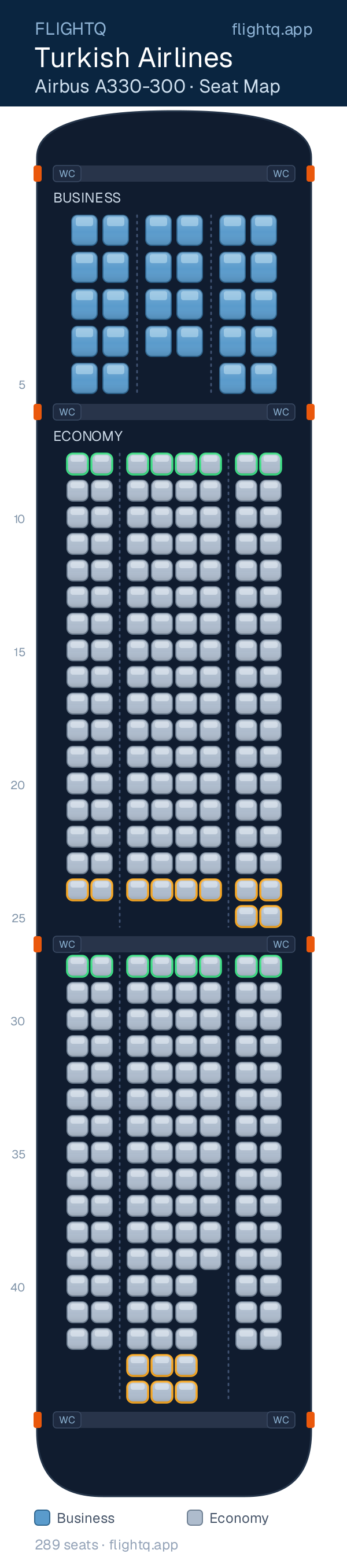 Turkish Airlines Airbus A330-300 seat map with 289 seats across 2 cabins — best seats and rows to avoid