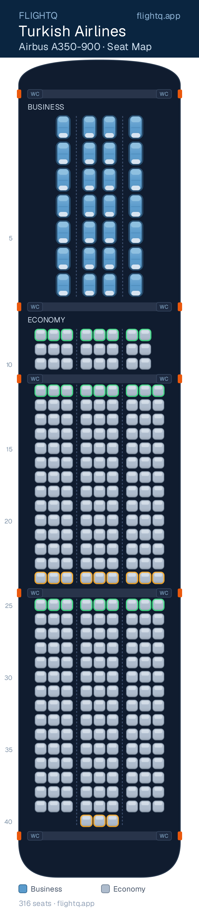 Turkish Airlines Airbus A350-900 seat map with 316 seats across 2 cabins — best seats and rows to avoid
