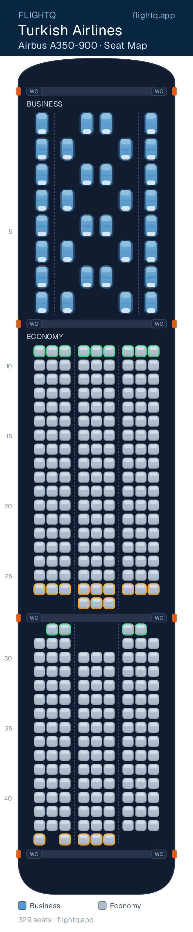 Turkish Airlines Airbus A350-900 seat map with 329 seats across 2 cabins — best seats and rows to avoid