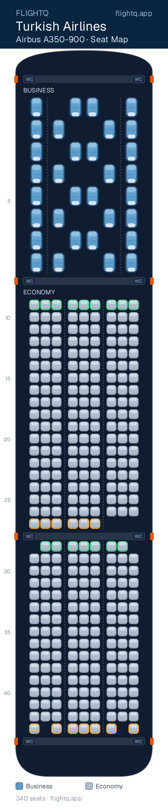 Turkish Airlines Airbus A350-900 seat map with 340 seats across 2 cabins — best seats and rows to avoid
