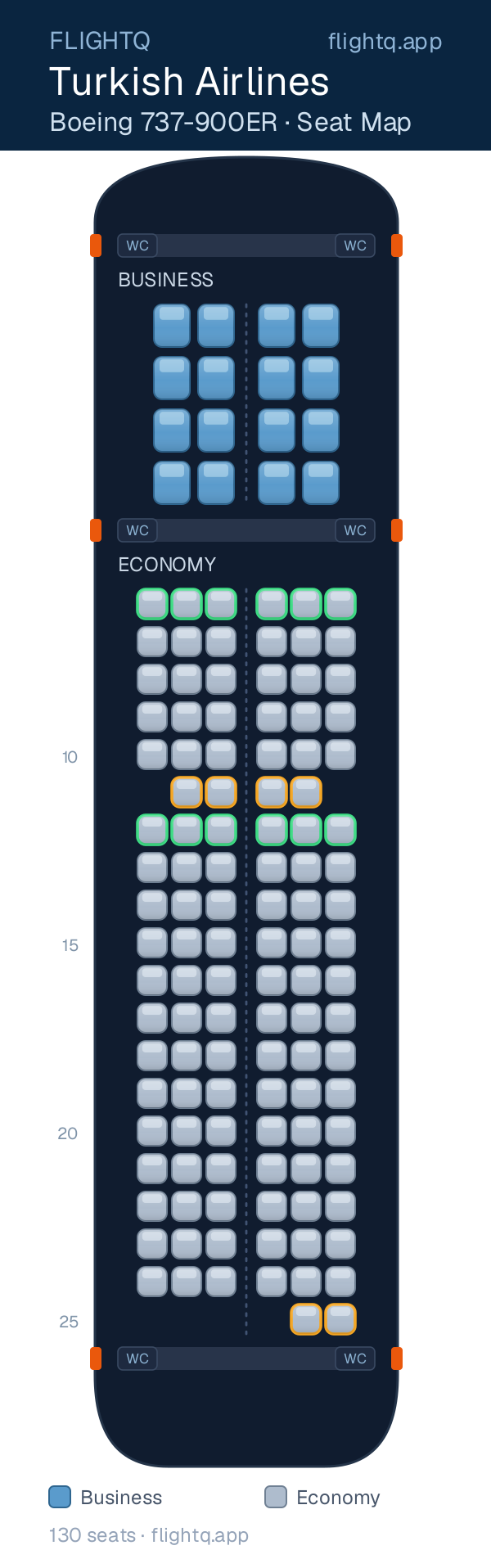 Turkish Airlines Boeing 737-900ER seat map with 130 seats across 2 cabins — best seats and rows to avoid