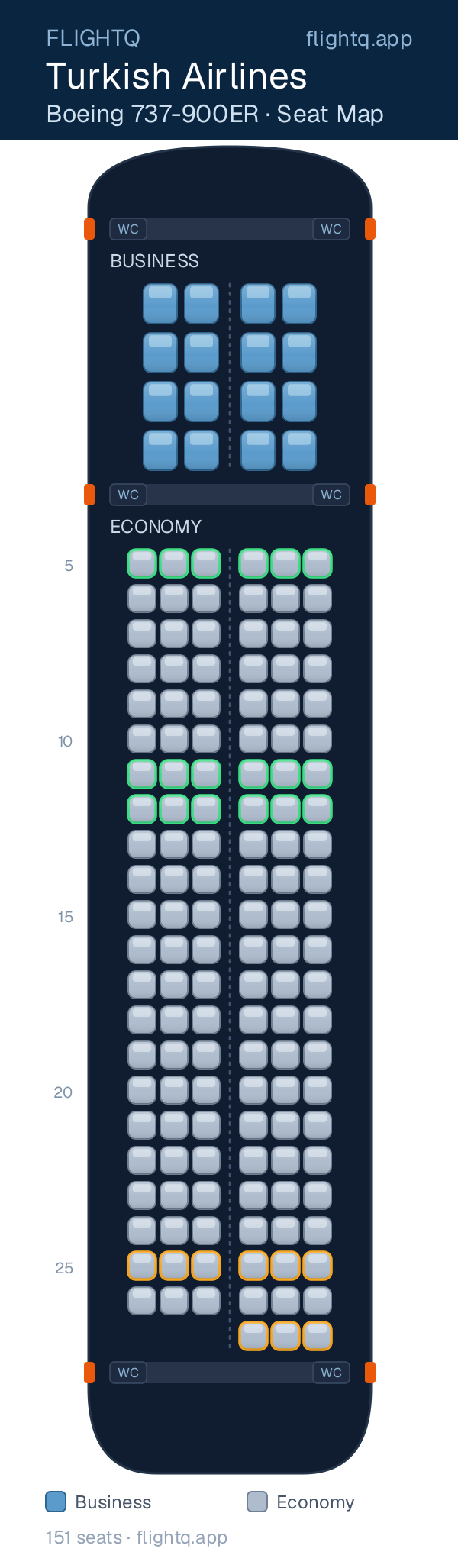 Turkish Airlines Boeing 737-900ER seat map with 151 seats across 2 cabins — best seats and rows to avoid