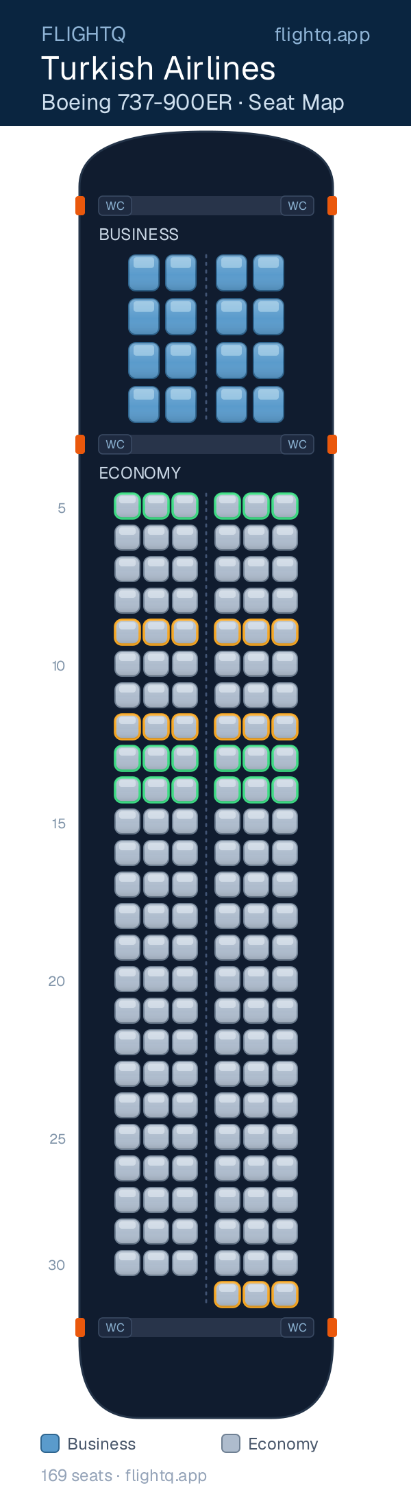 Turkish Airlines Boeing 737-900ER seat map with 169 seats across 2 cabins — best seats and rows to avoid