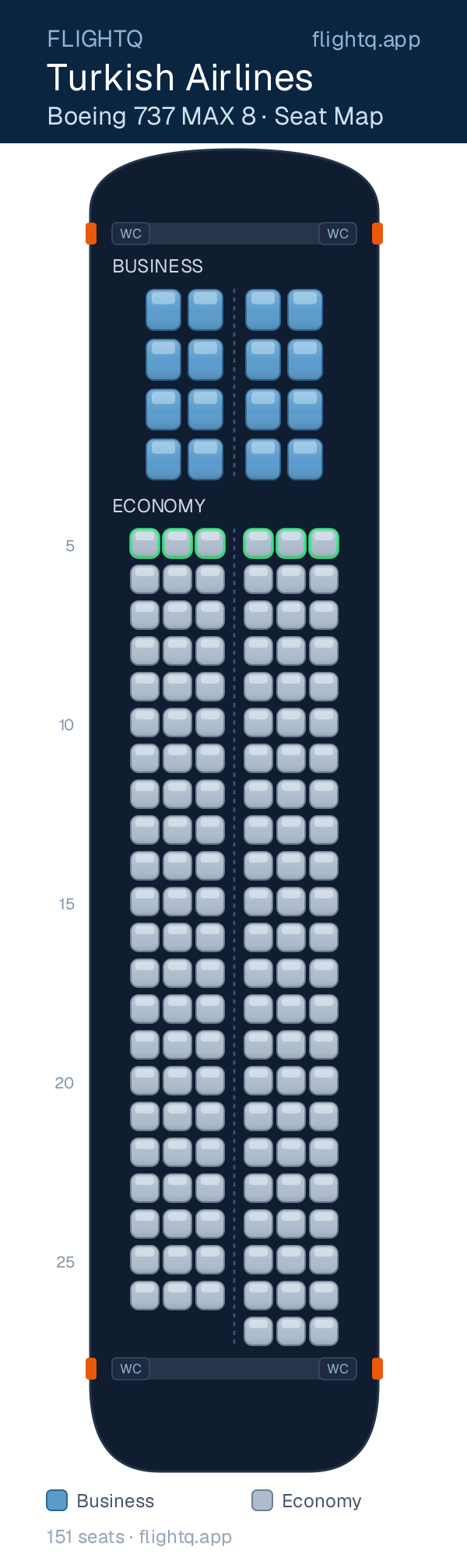 Turkish Airlines Boeing 737 MAX 8 seat map with 151 seats across 2 cabins — best seats and rows to avoid