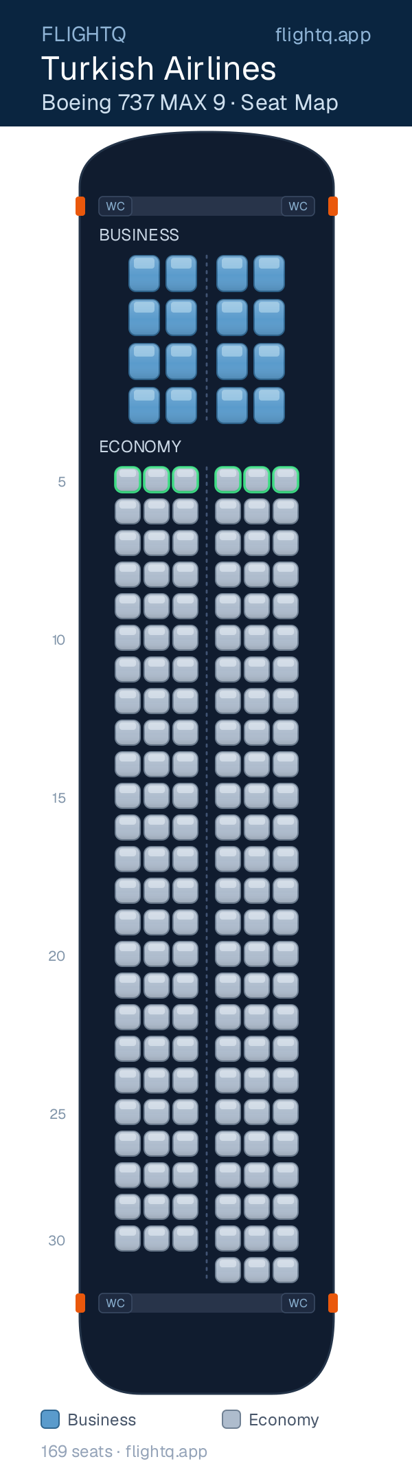 Turkish Airlines Boeing 737 MAX 9 seat map with 169 seats across 2 cabins — best seats and rows to avoid