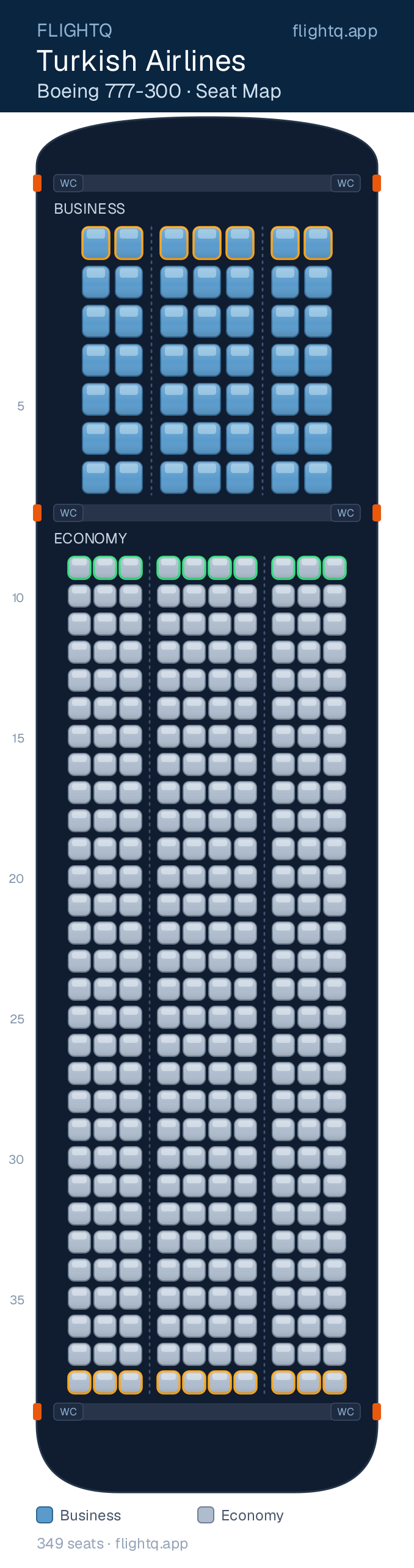 Turkish Airlines Boeing 777-300ER seat map with 349 seats across 2 cabins — best seats and rows to avoid