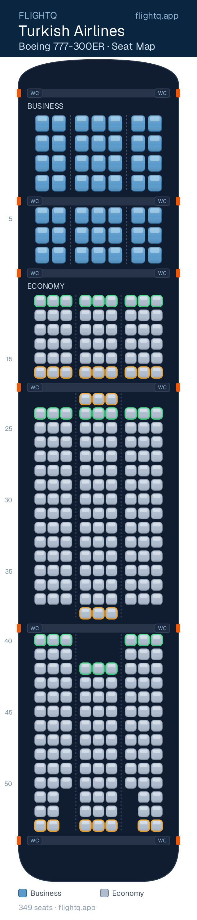 Turkish Airlines Boeing 777-300ER seat map with 349 seats across 2 cabins — best seats and rows to avoid