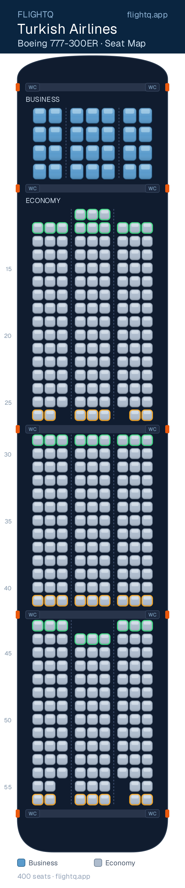 Turkish Airlines Boeing 777-300ER seat map with 400 seats across 2 cabins — best seats and rows to avoid