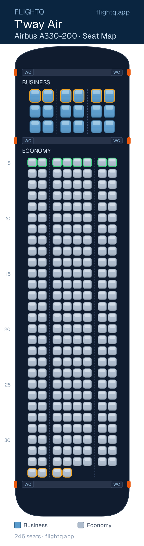 T'way Air Airbus A330-200 seat map with 246 seats across 2 cabins — best seats and rows to avoid