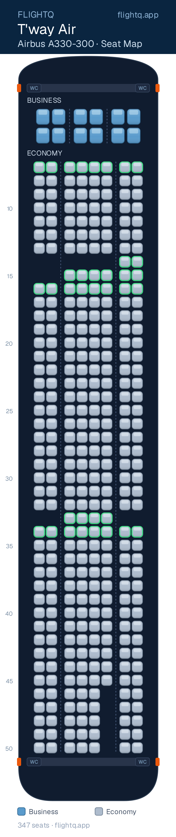 T'way Air Airbus A330-300 seat map with 347 seats across 2 cabins — best seats and rows to avoid