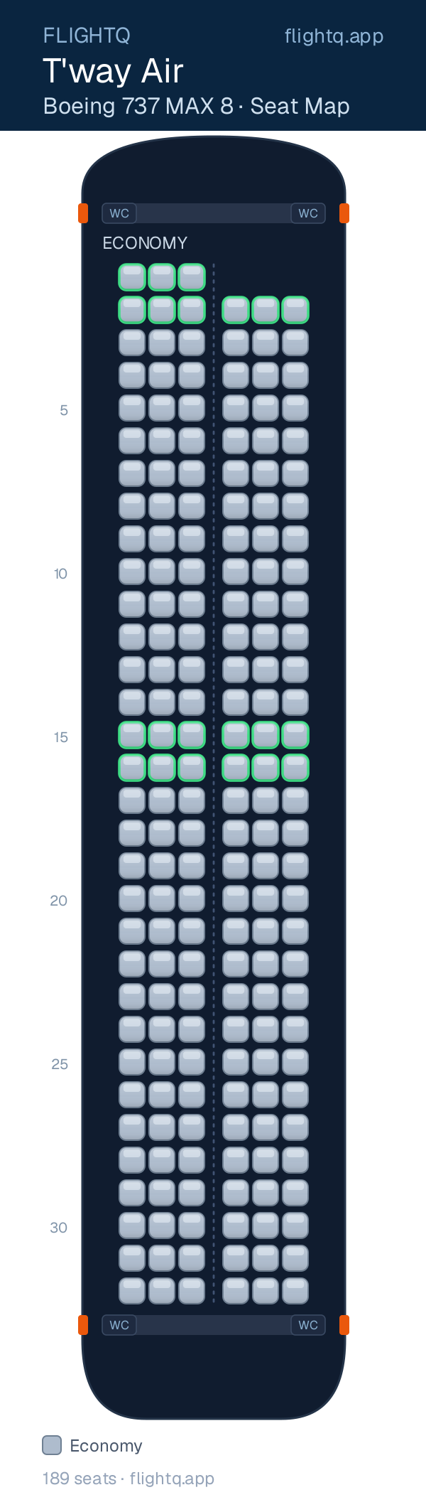 T'way Air Boeing 737 MAX 8 seat map with 189 seats — best seats and rows to avoid