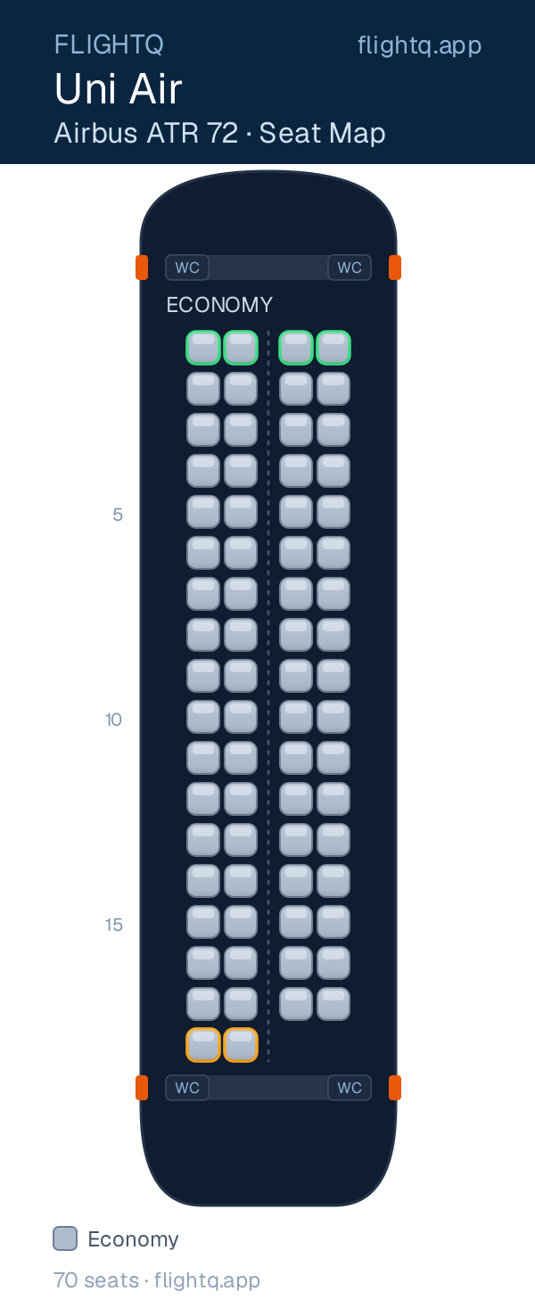 Uni Air ATR 72 seat map with 70 seats — best seats and rows to avoid