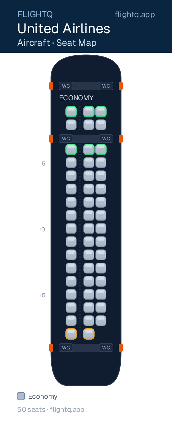 United Airlines seat map with 50 seats — best seats and rows to avoid