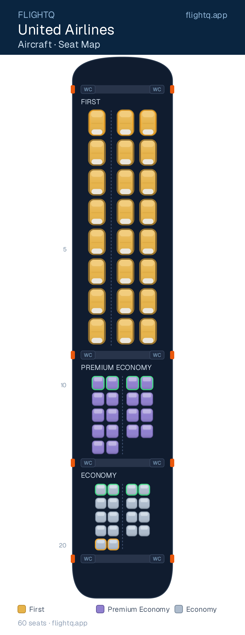 United Airlines seat map with 60 seats across 3 cabins — best seats and rows to avoid