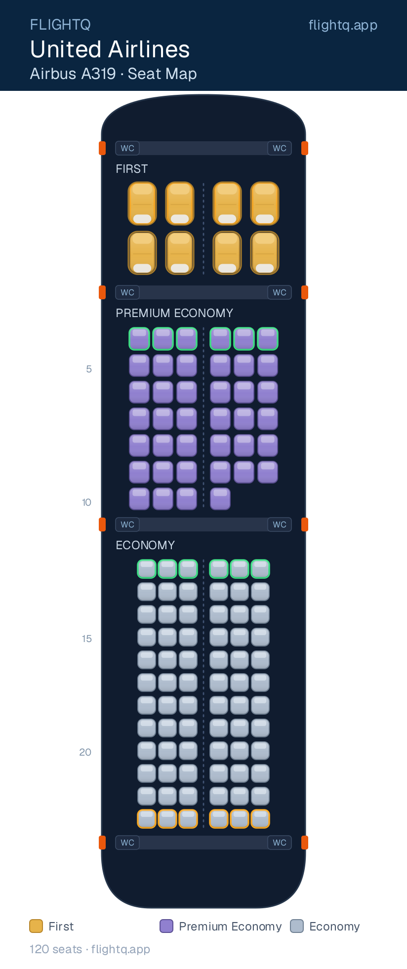 United Airlines Airbus A319 seat map with 120 seats across 3 cabins — best seats and rows to avoid