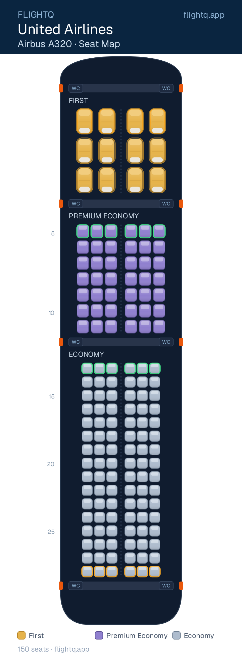 United Airlines Airbus A320 seat map with 150 seats across 3 cabins — best seats and rows to avoid