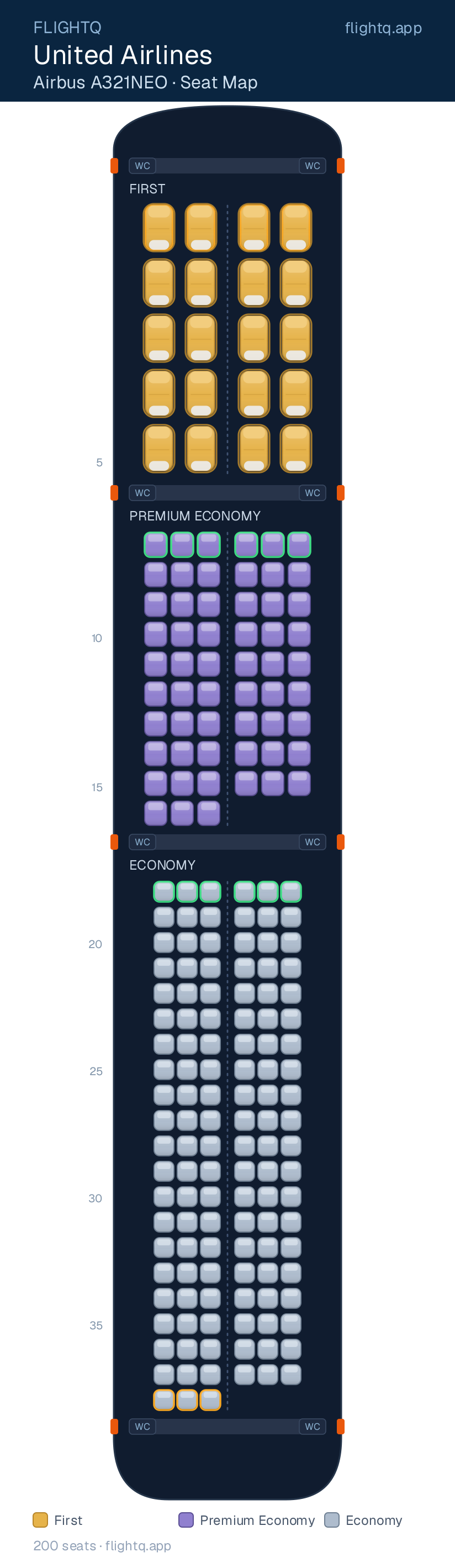 United Airlines Airbus A321NEO seat map with 200 seats across 3 cabins — best seats and rows to avoid