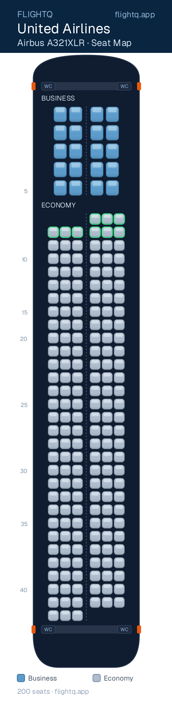 United Airlines Airbus A321XLR seat map with 200 seats across 2 cabins — best seats and rows to avoid