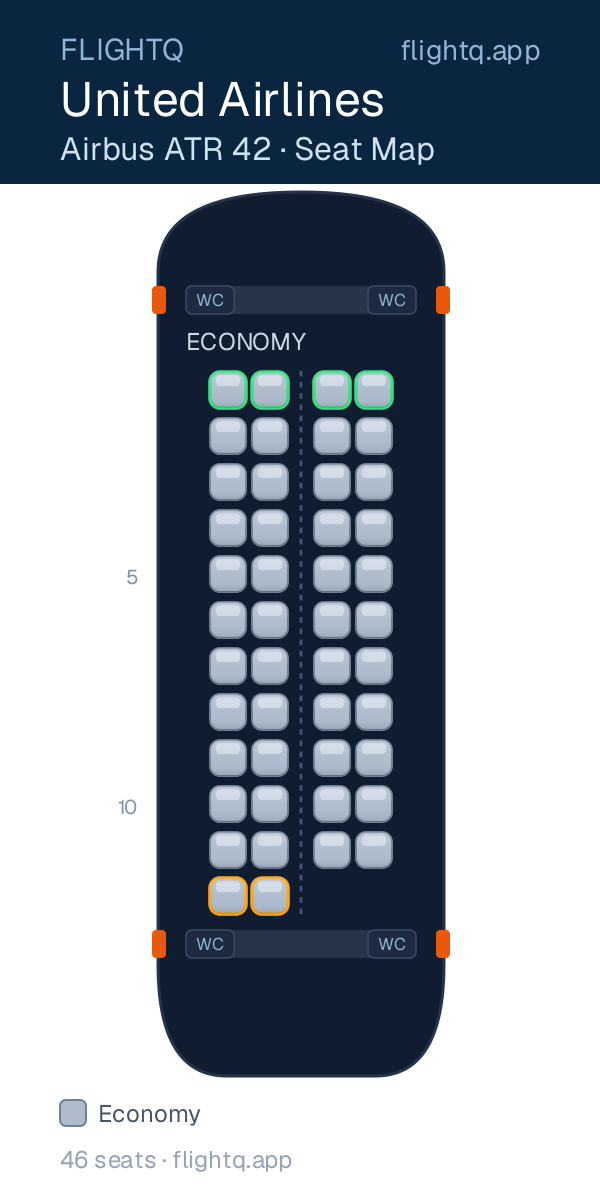 United Airlines ATR 42 seat map with 46 seats — best seats and rows to avoid