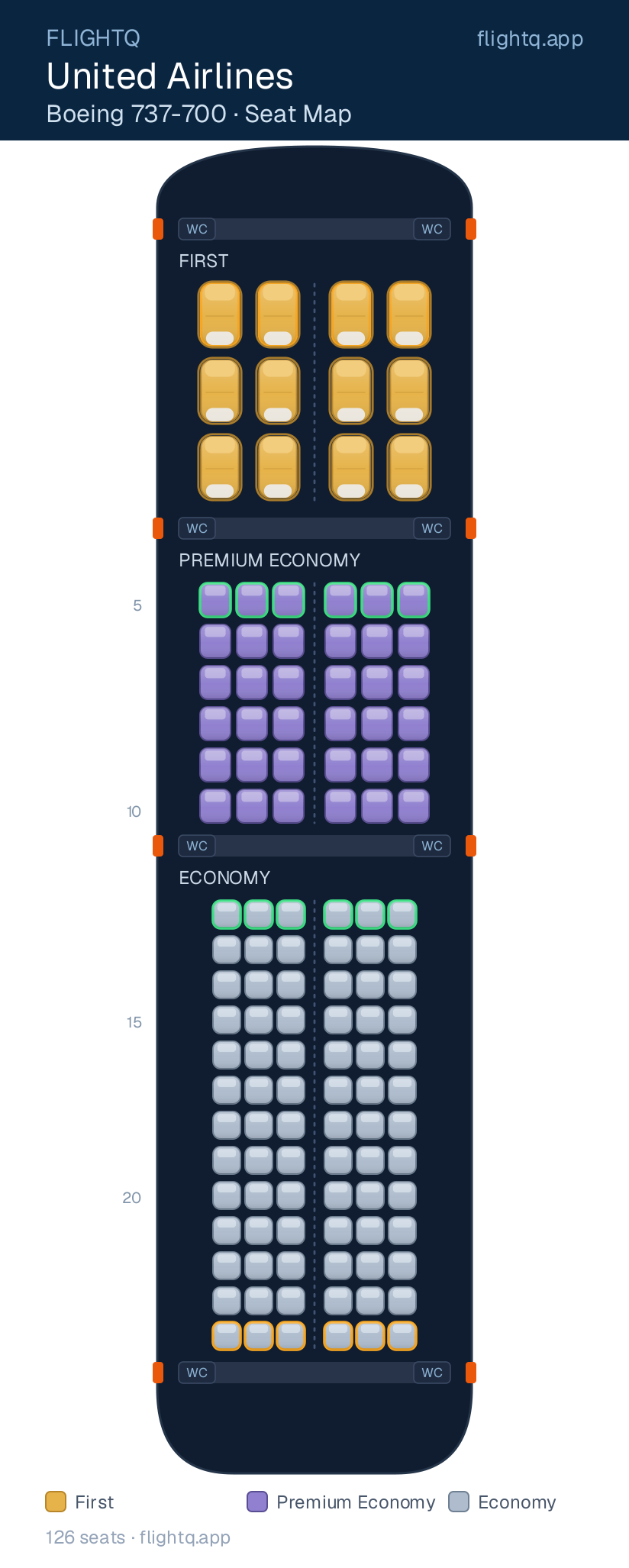 United Airlines Boeing 737-700 seat map with 126 seats across 3 cabins — best seats and rows to avoid