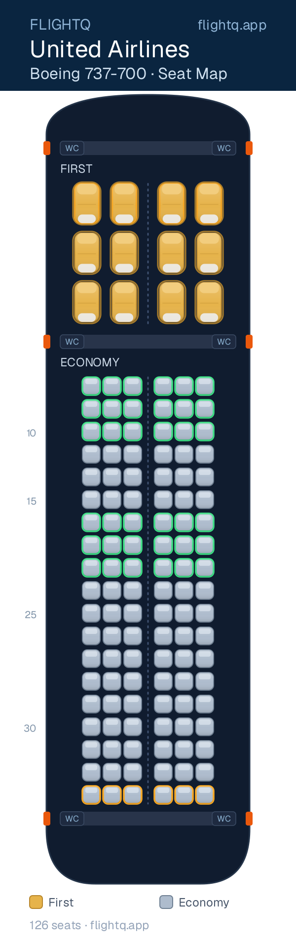 United Airlines Boeing 737-700 seat map with 126 seats across 2 cabins — best seats and rows to avoid