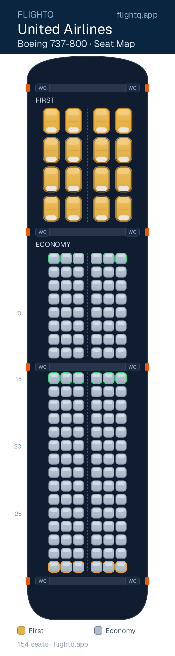United Airlines Boeing 737-800 seat map with 154 seats across 2 cabins — best seats and rows to avoid