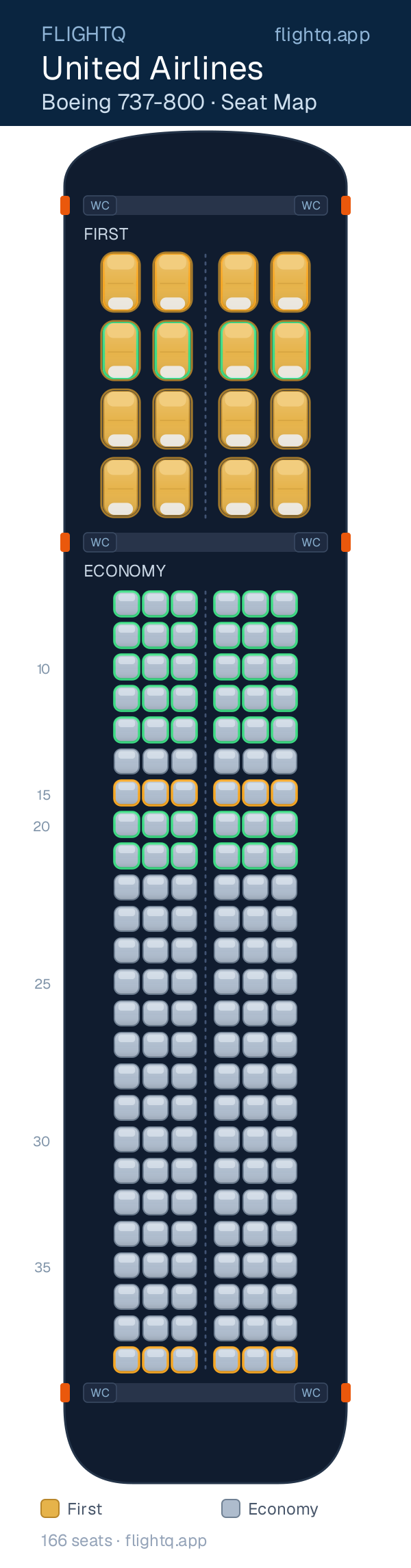 United Airlines Boeing 737-800 seat map with 166 seats across 2 cabins — best seats and rows to avoid