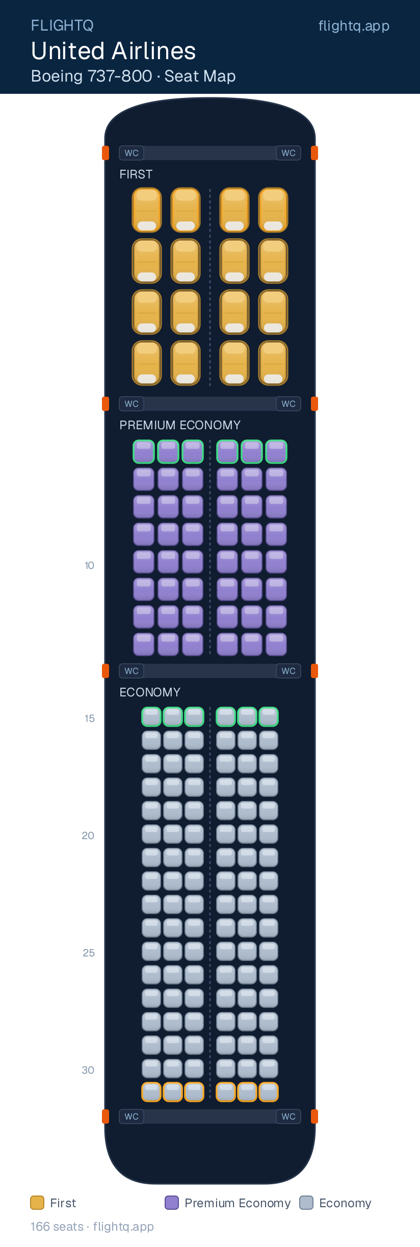 United Airlines Boeing 737-800 seat map with 166 seats across 3 cabins — best seats and rows to avoid