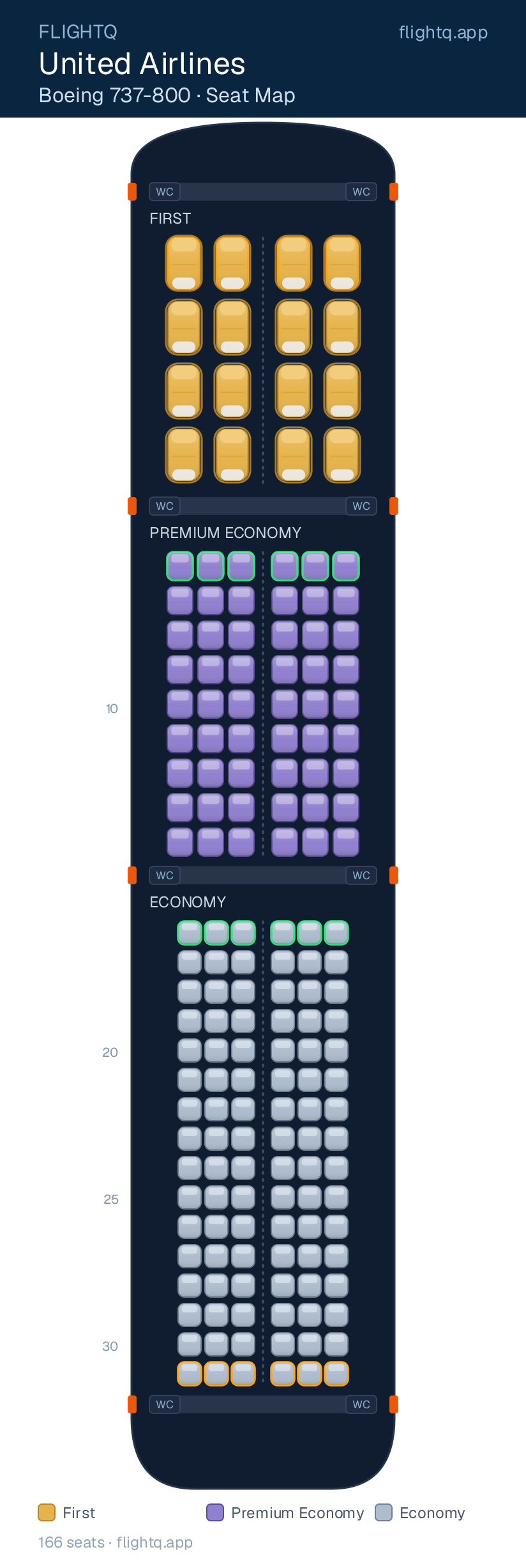 United Airlines Boeing 737-800 seat map with 166 seats across 3 cabins — best seats and rows to avoid