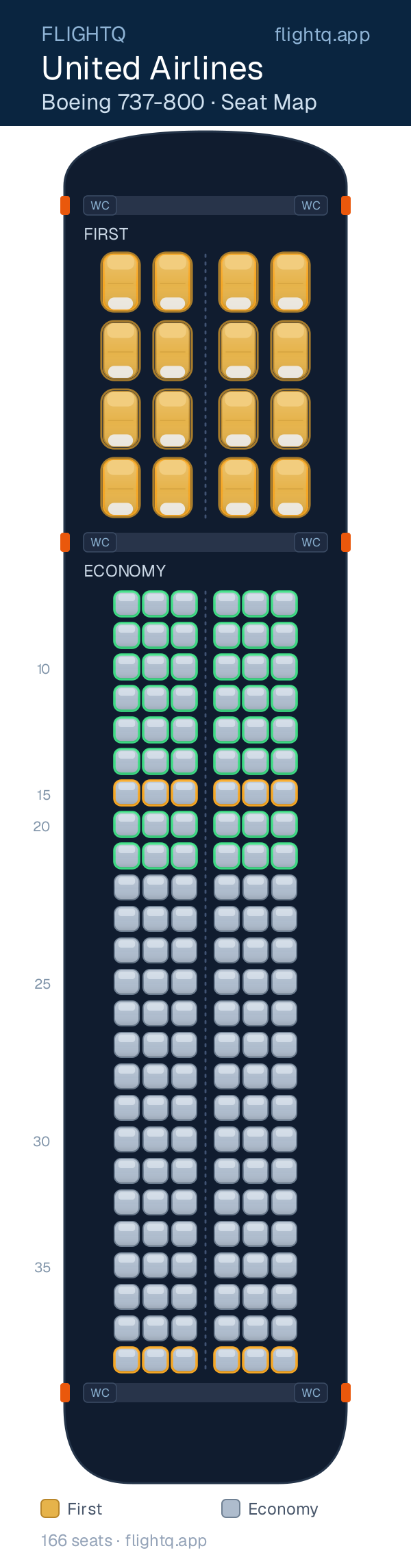 United Airlines Boeing 737-800 seat map with 166 seats across 2 cabins — best seats and rows to avoid