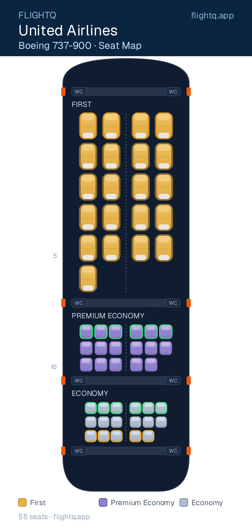 United Airlines Boeing 737-900 seat map with 55 seats across 3 cabins — best seats and rows to avoid
