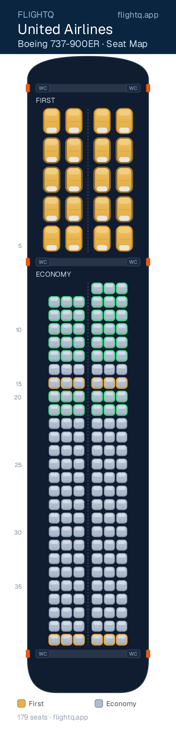 United Airlines Boeing 737-900ER seat map with 179 seats across 2 cabins — best seats and rows to avoid