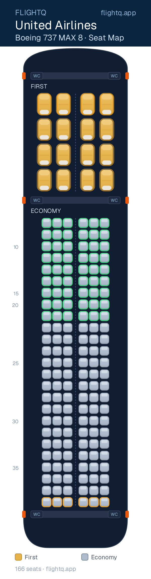 United Airlines Boeing 737 MAX 8 seat map with 166 seats across 2 cabins — best seats and rows to avoid