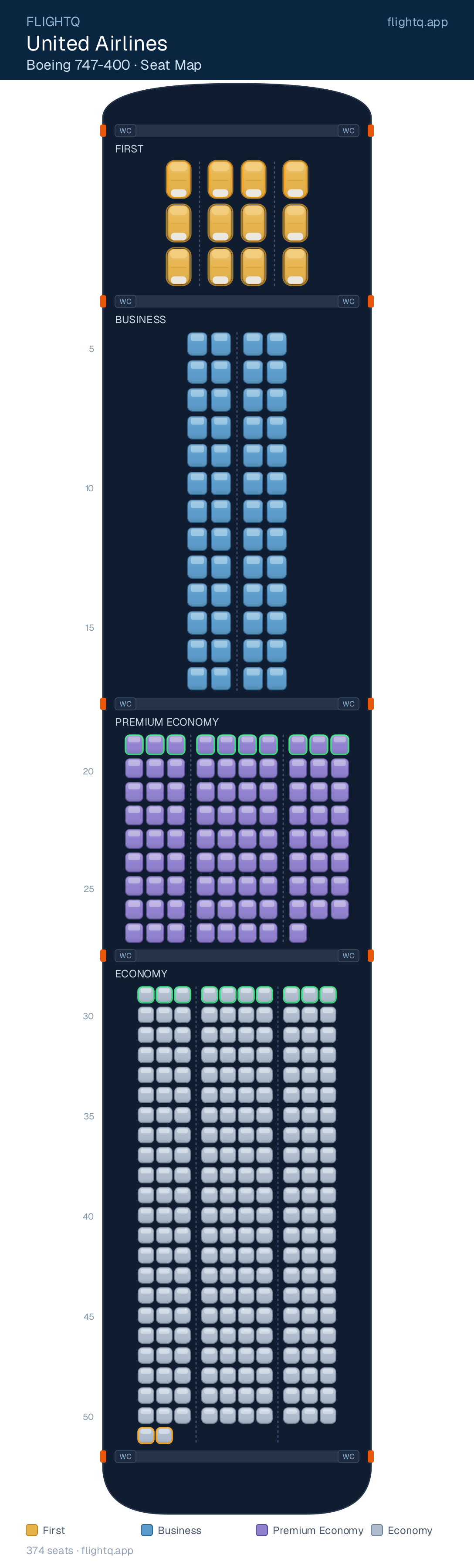 United Airlines Boeing 747-400 seat map with 374 seats across 4 cabins — best seats and rows to avoid