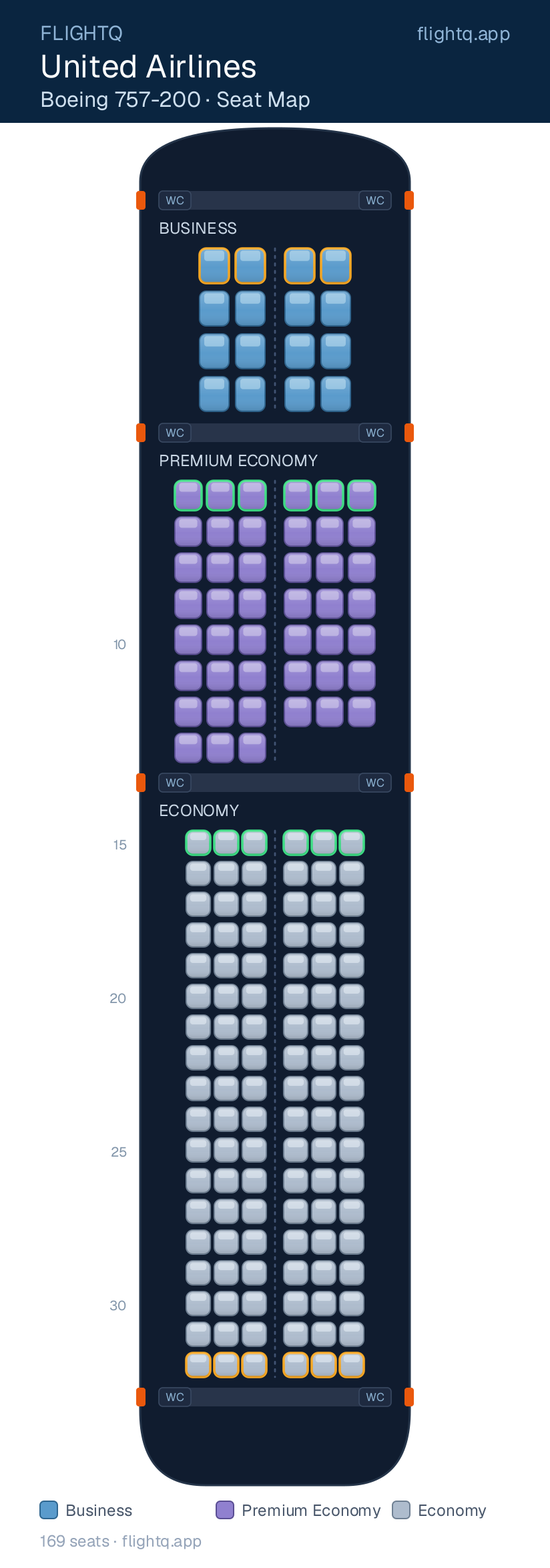 United Airlines Boeing 757-200 seat map with 169 seats across 3 cabins — best seats and rows to avoid