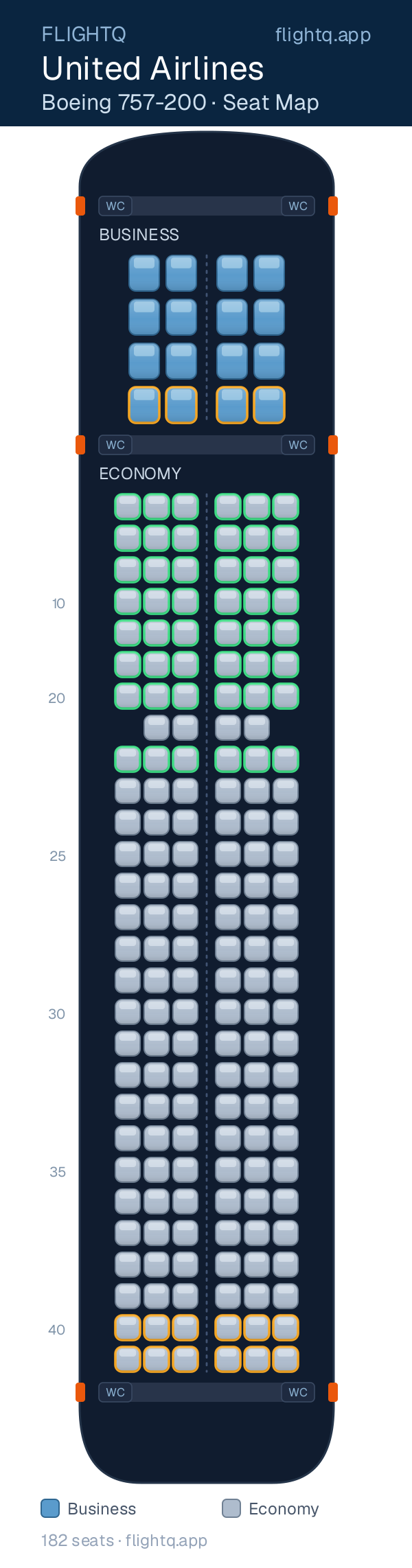 United Airlines Boeing 757-200 seat map with 182 seats across 2 cabins — best seats and rows to avoid