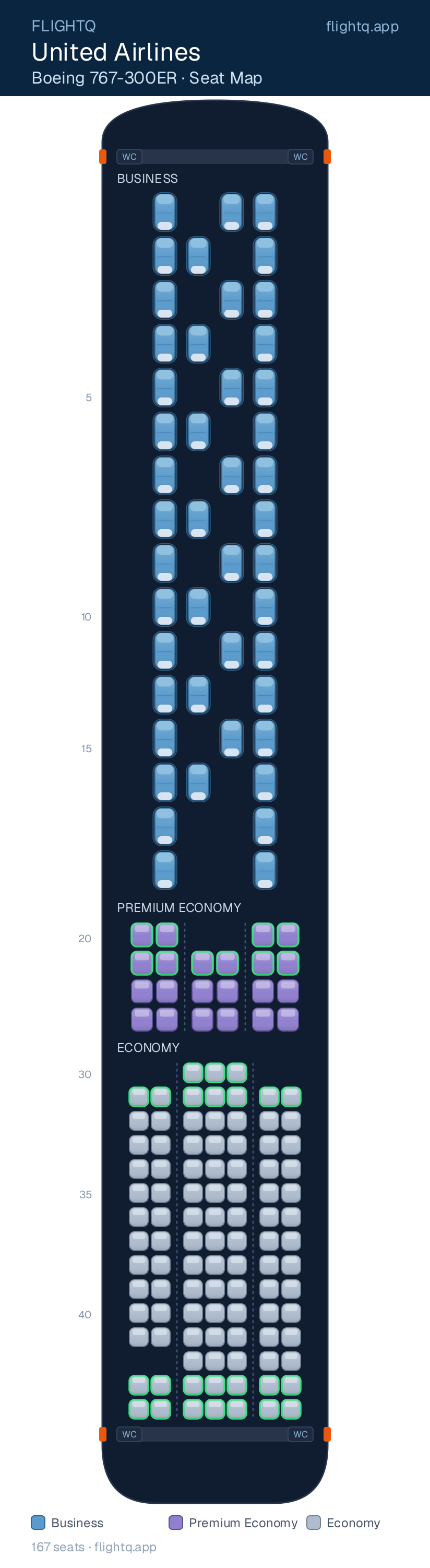United Airlines Boeing 767-300ER seat map with 167 seats across 3 cabins — best seats and rows to avoid