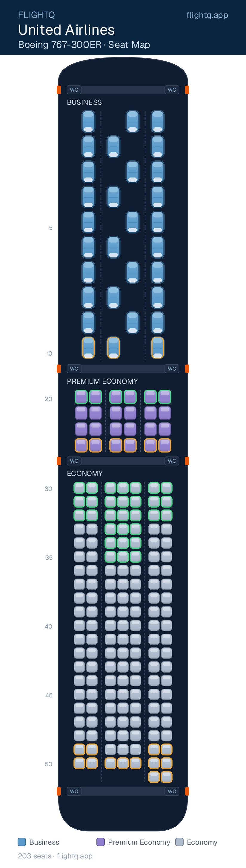 United Airlines Boeing 767-300ER seat map with 203 seats across 3 cabins — best seats and rows to avoid