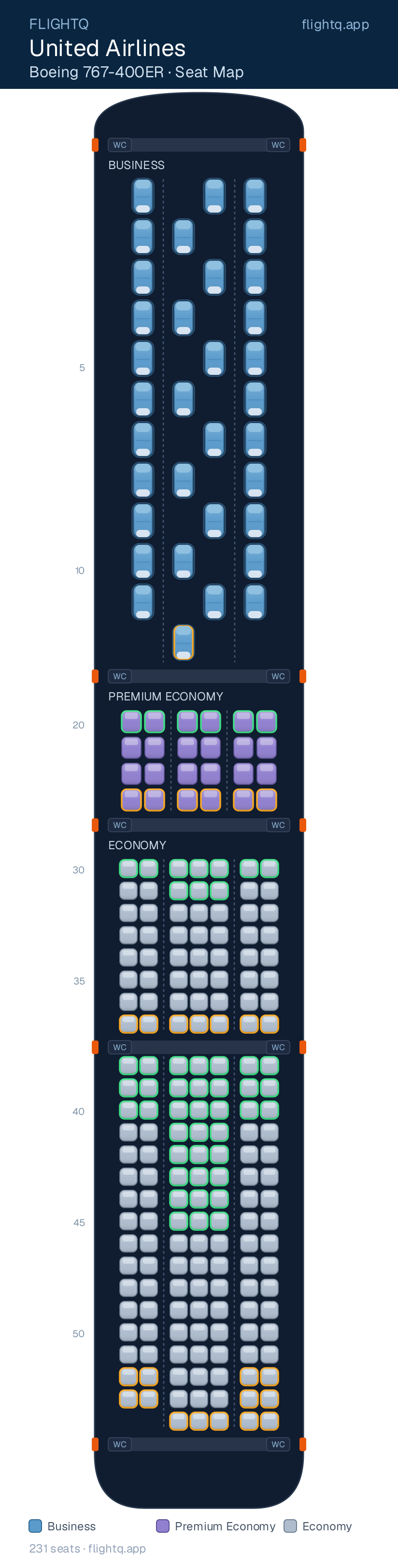 United Airlines Boeing 767-400ER seat map with 231 seats across 3 cabins — best seats and rows to avoid