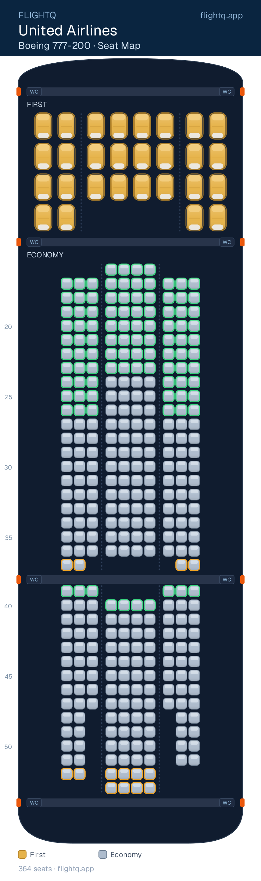 United Airlines Boeing 777-200 seat map with 364 seats across 2 cabins — best seats and rows to avoid