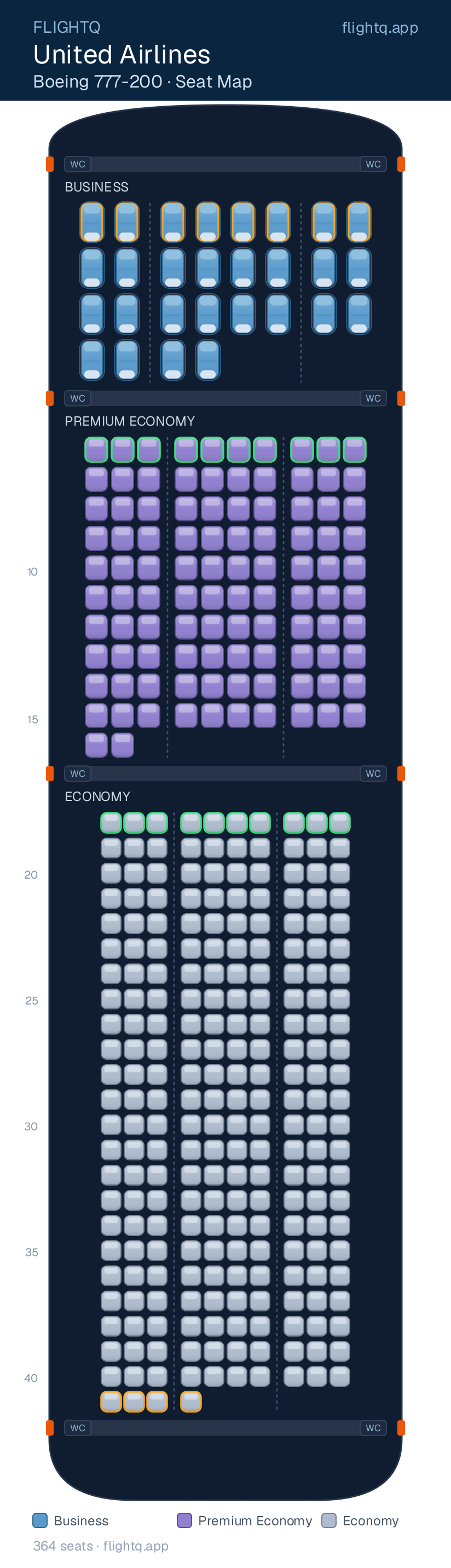 United Airlines Boeing 777-200 seat map with 364 seats across 3 cabins — best seats and rows to avoid