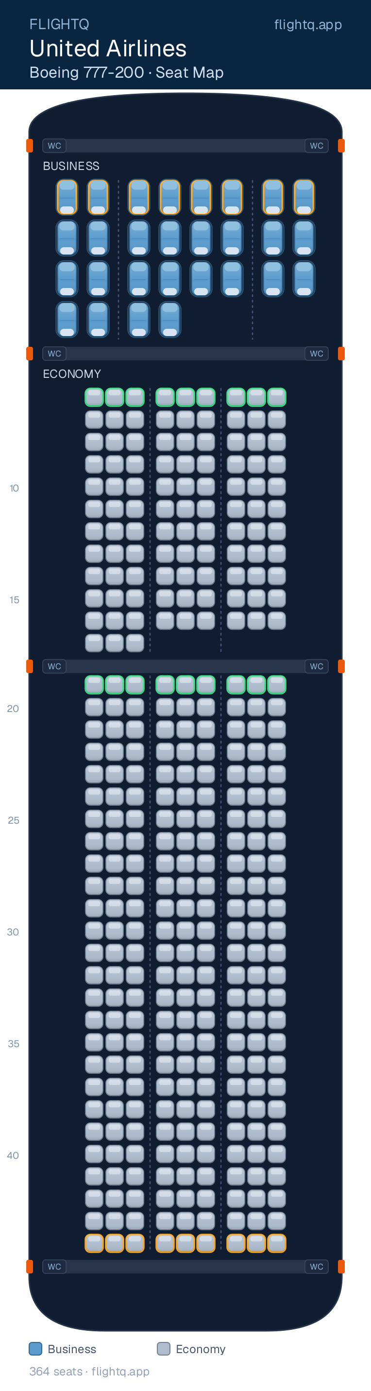 United Airlines Boeing 777-200 seat map with 364 seats across 2 cabins — best seats and rows to avoid