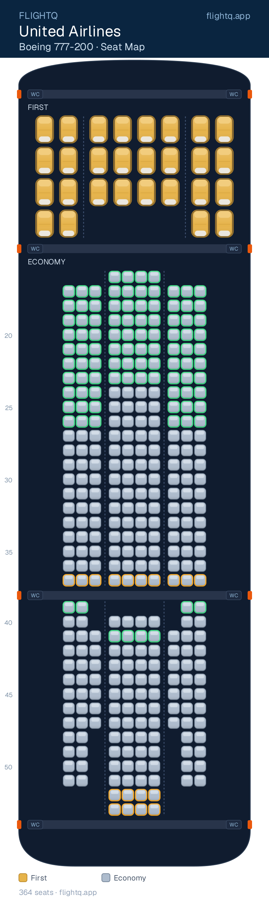 United Airlines Boeing 777-200 seat map with 364 seats across 2 cabins — best seats and rows to avoid