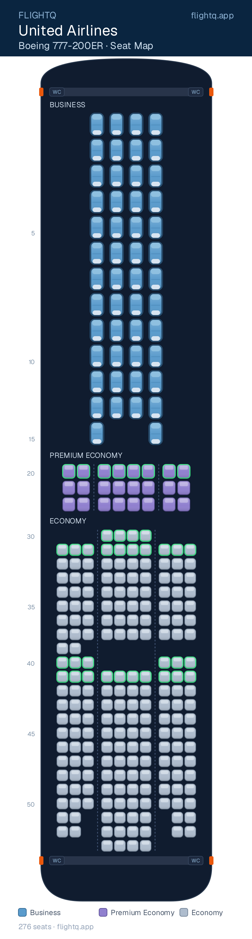 United Airlines Boeing 777-200 seat map with 276 seats across 3 cabins — best seats and rows to avoid