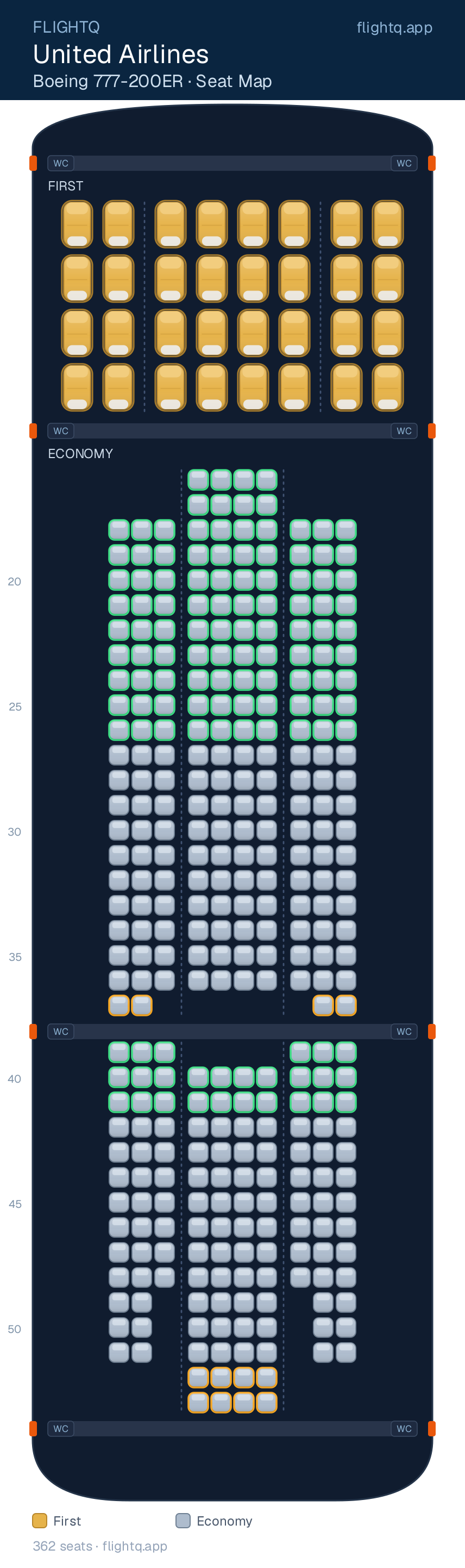 United Airlines Boeing 777-200 seat map with 362 seats across 2 cabins — best seats and rows to avoid