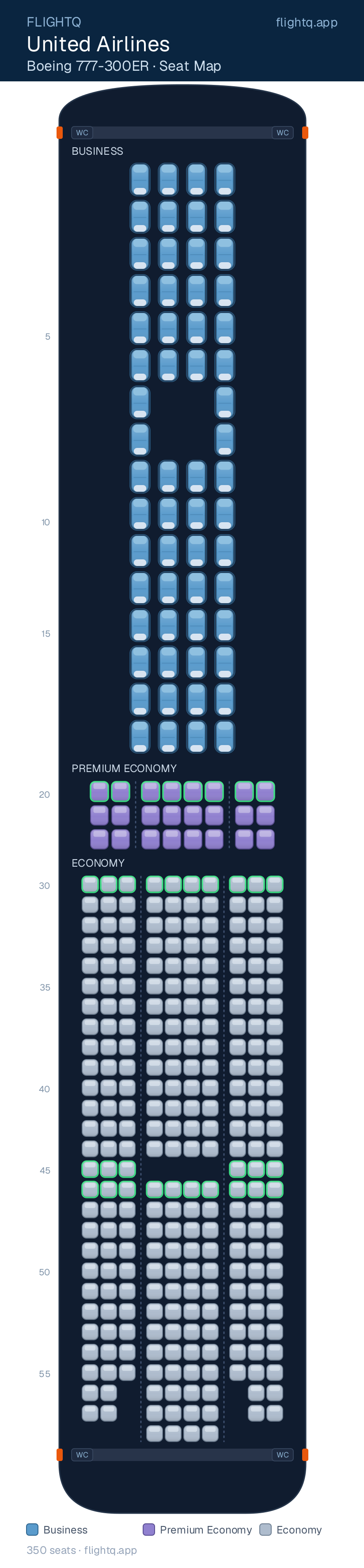 United Airlines Boeing 777-300ER seat map with 350 seats across 3 cabins — best seats and rows to avoid