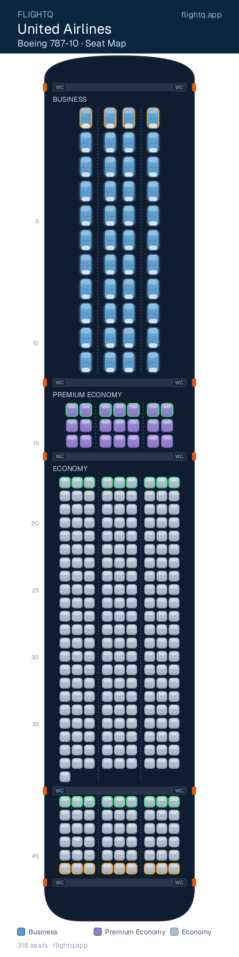 United Airlines Boeing 787-10 Dreamliner seat map with 318 seats across 3 cabins — best seats and rows to avoid