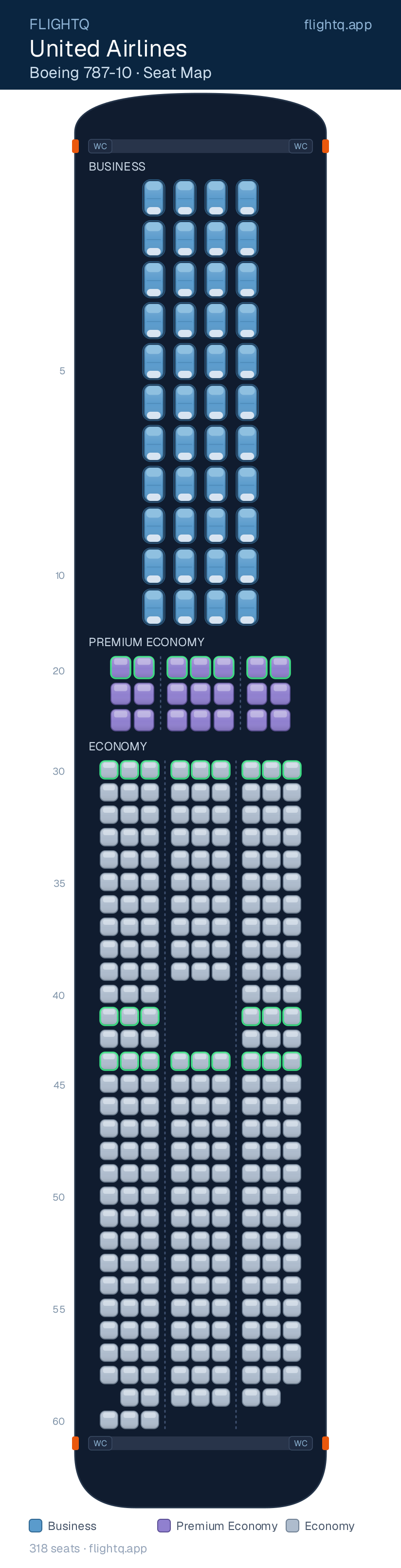 United Airlines Boeing 787-10 Dreamliner seat map with 318 seats across 3 cabins — best seats and rows to avoid