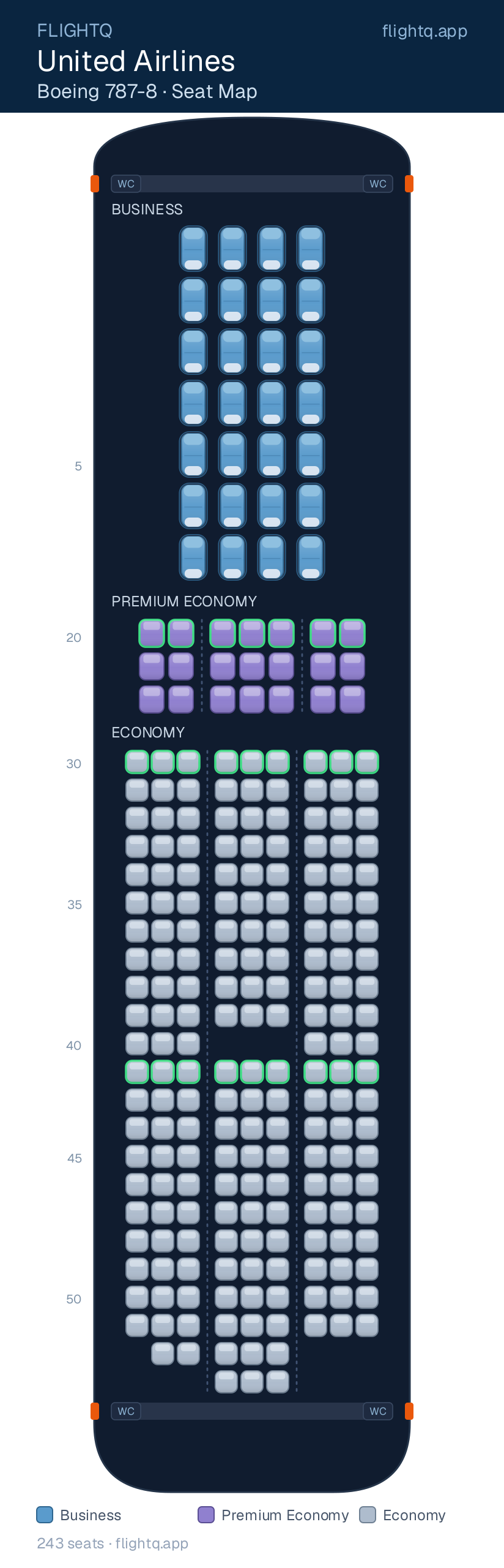 United Airlines Boeing 787-8 Dreamliner seat map with 243 seats across 3 cabins — best seats and rows to avoid